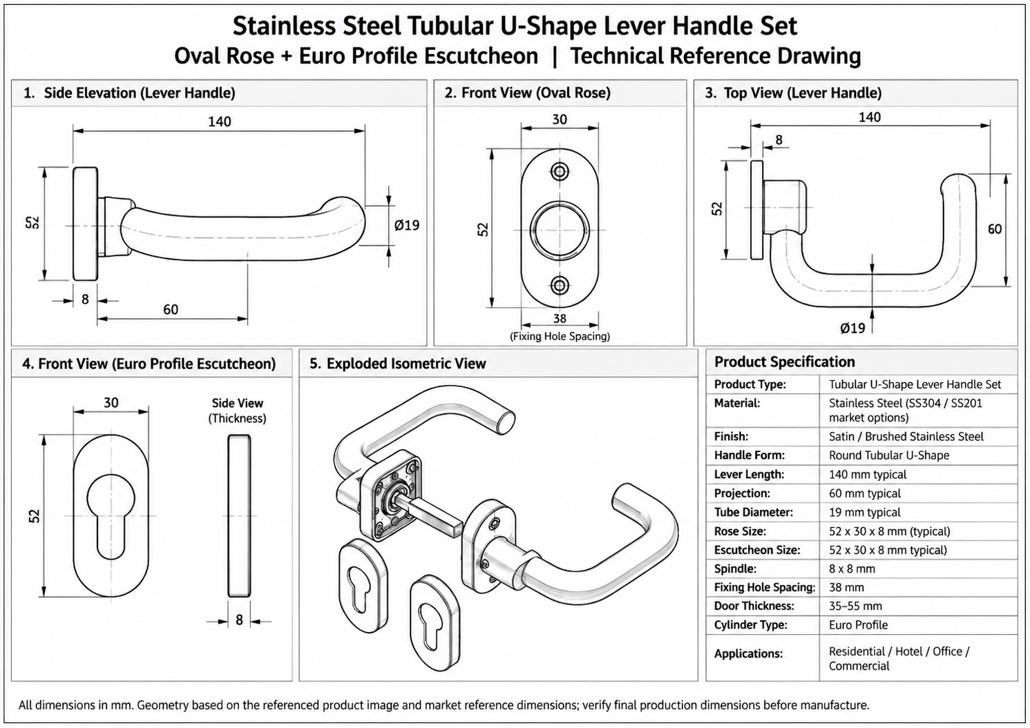 LH1094 Stainless Steel U-Shape Door Lever Handle