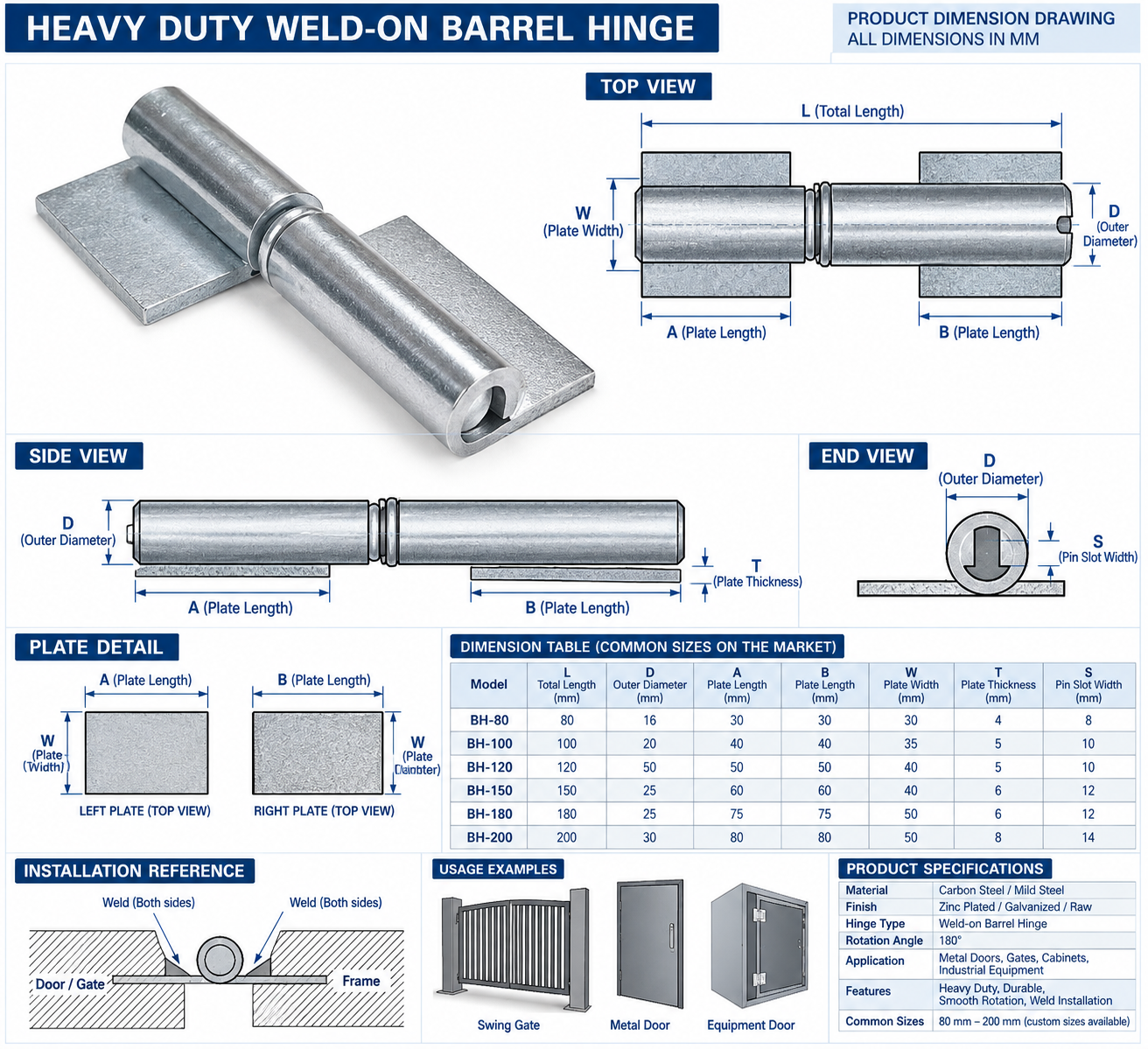 DH1033 Industrial Welding Door Hinges Steel Rotating Structure For Heavy Iron Gate Door