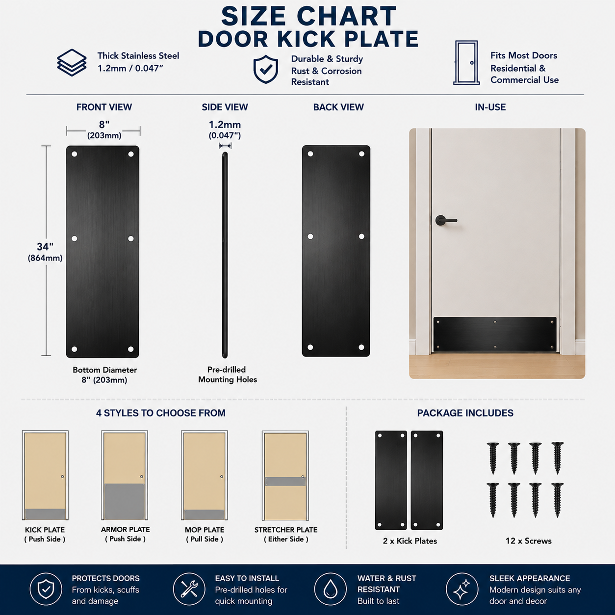Stainless Steel Door Kick Plate Heavy‑Duty Bottom Protection Plate For Commercial & Residential Doors