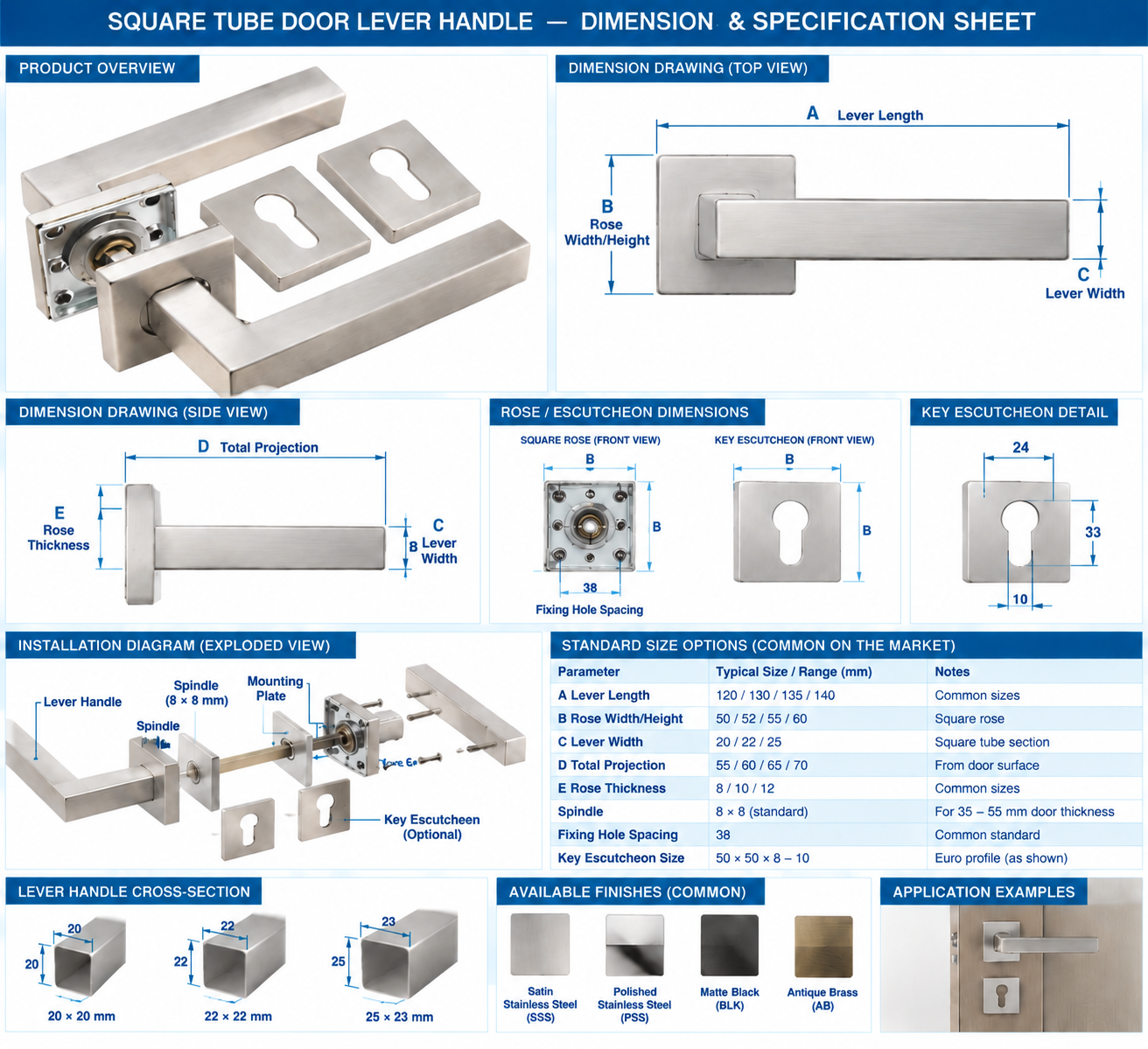 LH1011 Stainless Steel L-Shape Square Lever Handle Set with Euro Profile Escutcheons for Residential and Commercial Doors