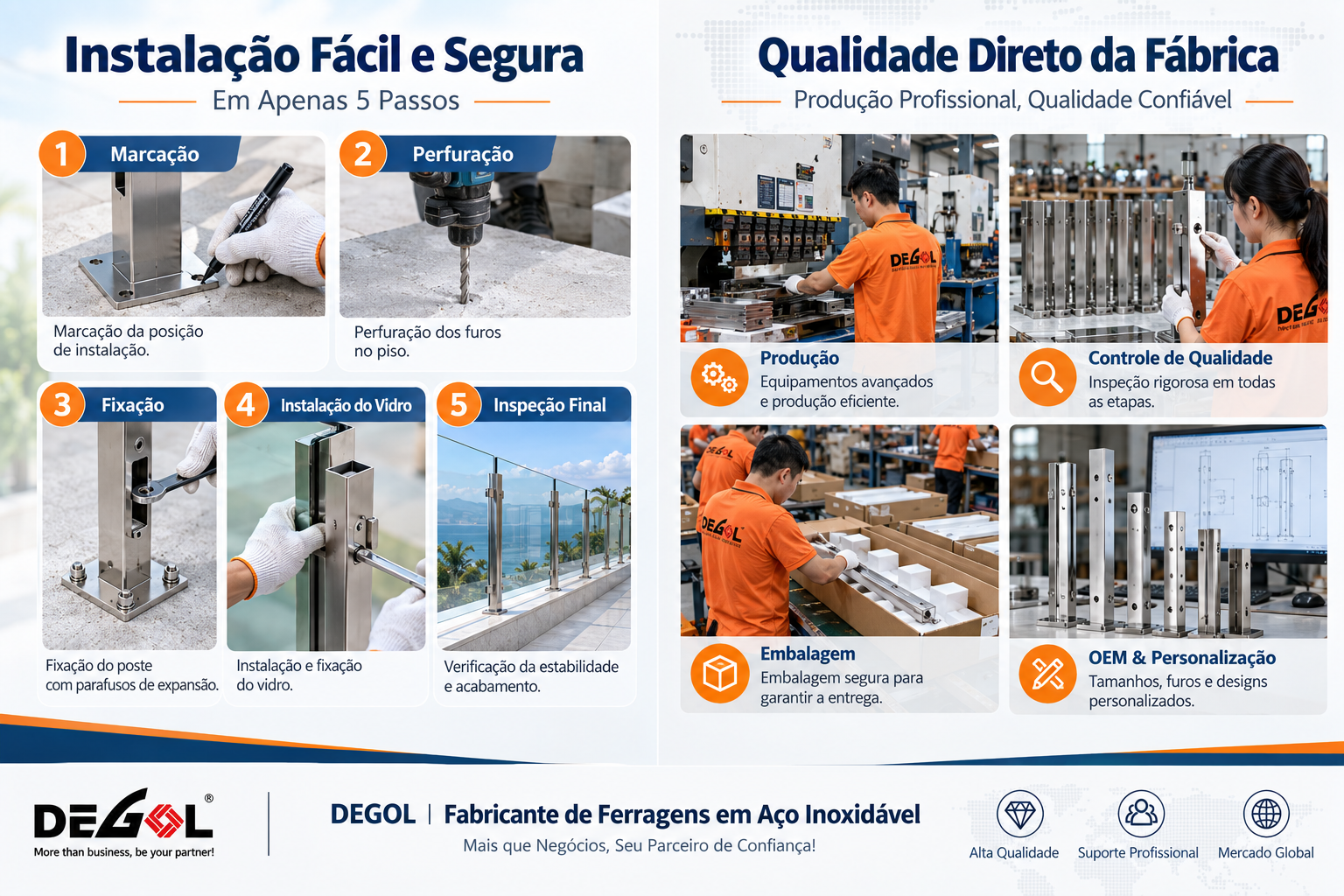 Instala&ccedil;&atilde;o de postes para guarda-corpo de vidro e produ&ccedil;&atilde;o DEGOL