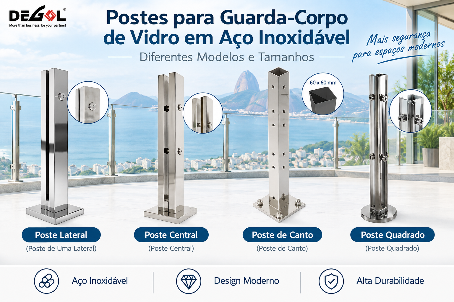 Postes para guarda-corpo de vidro em a&ccedil;o inoxid&aacute;vel em diferentes modelos