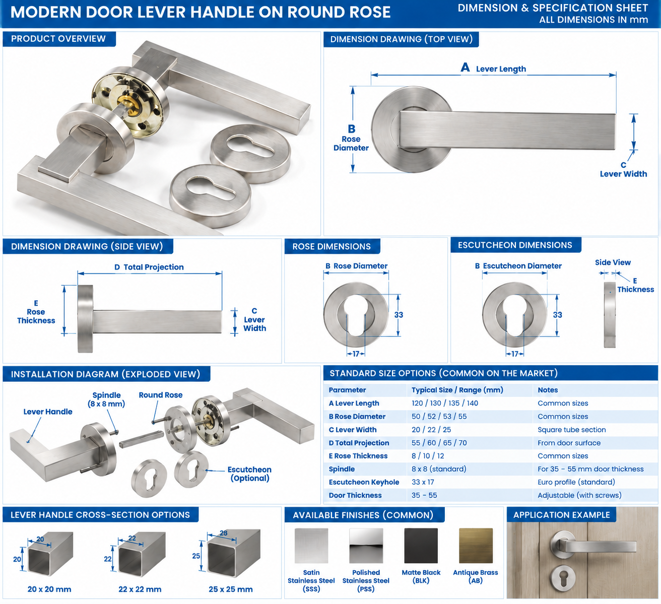 LH1092 Modern Square Tube Door Lever Handle on Round Rose