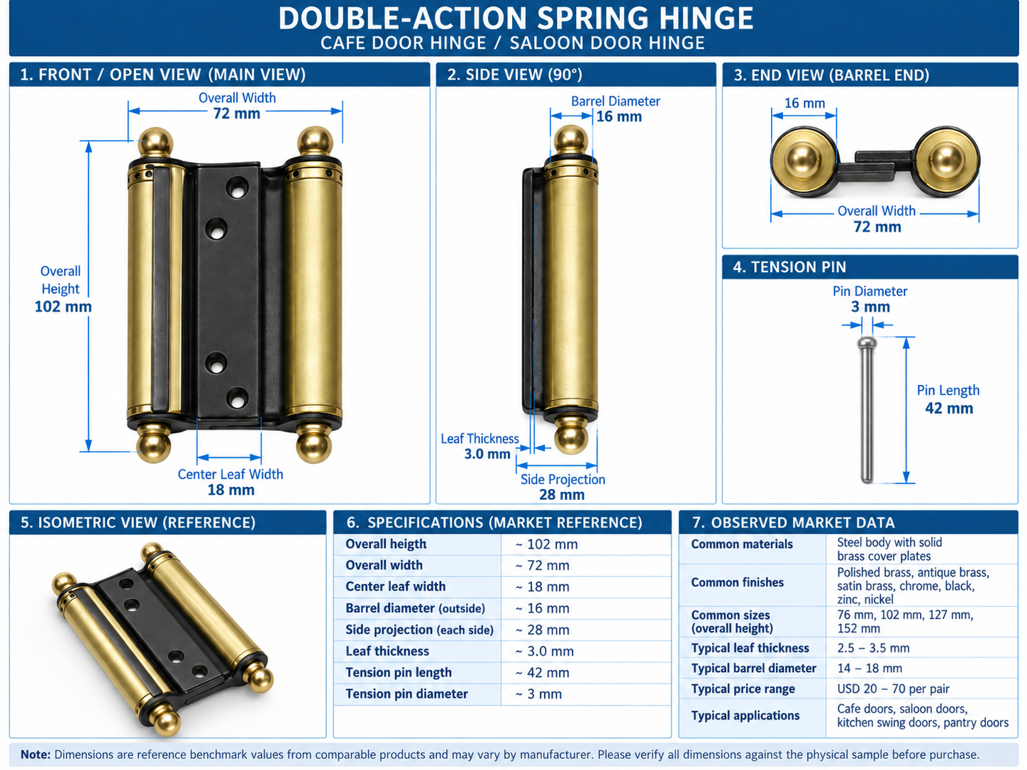 DH1035 Double Action Brass Finish Café Door Hinge for Saloon Doors, Restaurant Swing Doors and Kitchen Entrances